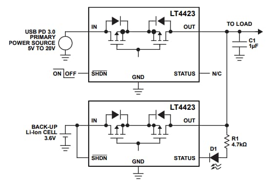 Schéma du circuit d'application - Analog Devices Inc. Commutateur de charge et diode idéale LT4423